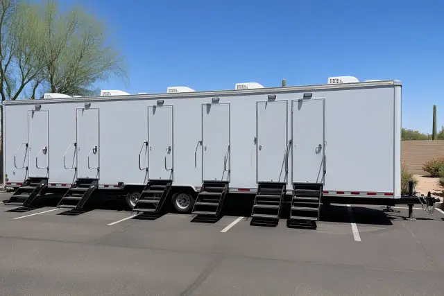 Luxury restroom trailer parked on an asphalt lot with desert landscaping in Phoenix, AZ.