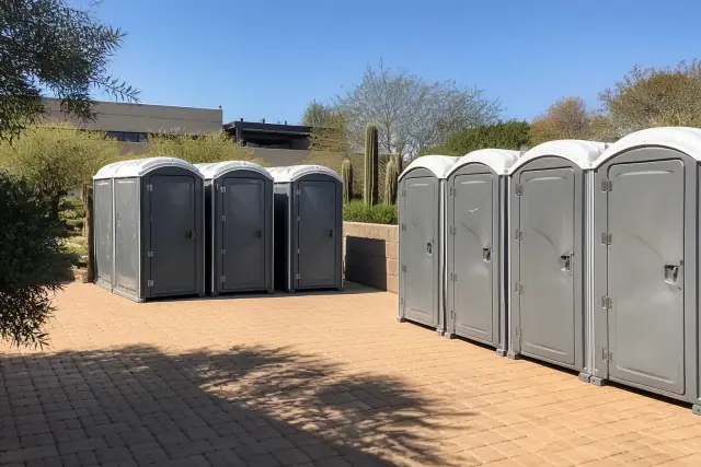 Portable toilets arranged on a paved courtyard in Phoenix, AZ with desert landscaping.
