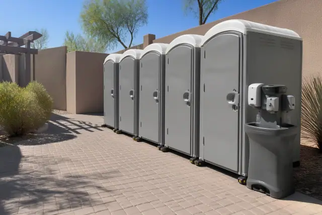 Row of event-grade portable toilets and a handwashing station on a paved patio in Glendale, AZ.