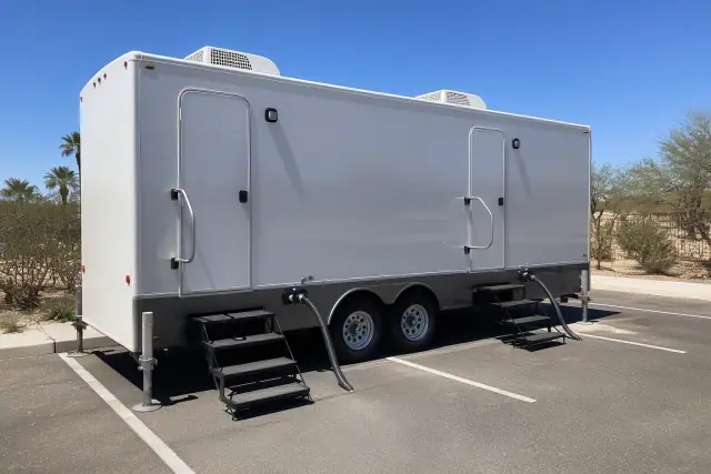 Luxury restroom trailer parked on asphalt in Peoria, AZ, showing stabilizer jacks and connection hoses.