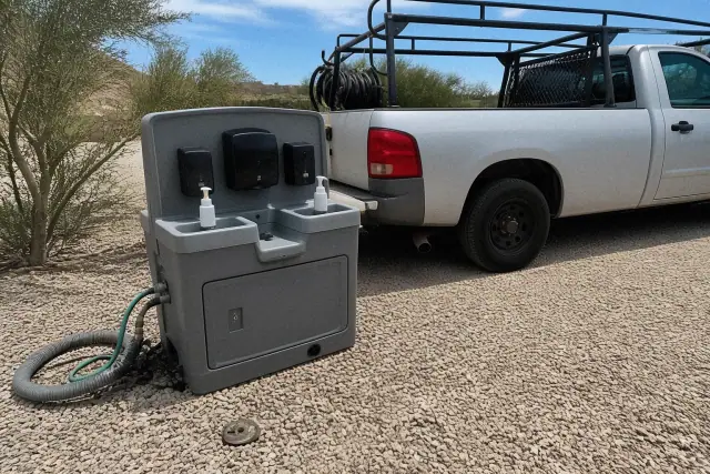 Portable handwashing station on a gravel staging area in Phoenix, AZ.