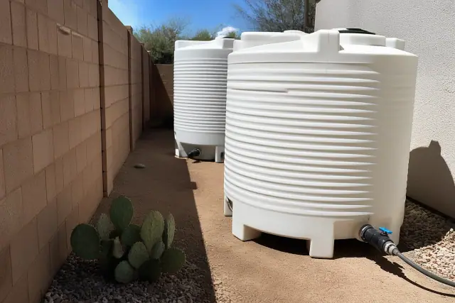 Standalone waste holding tanks on a dirt path with prickly pear cactus in Phoenix, AZ.
