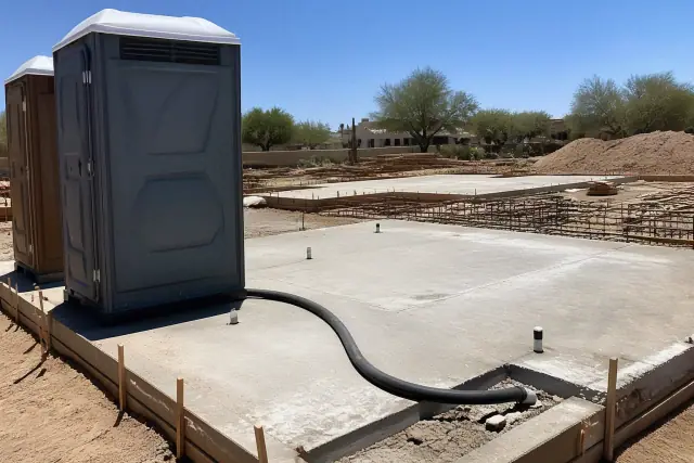 Portable toilets on a concrete foundation with exposed rebar at a construction site in Phoenix, AZ.