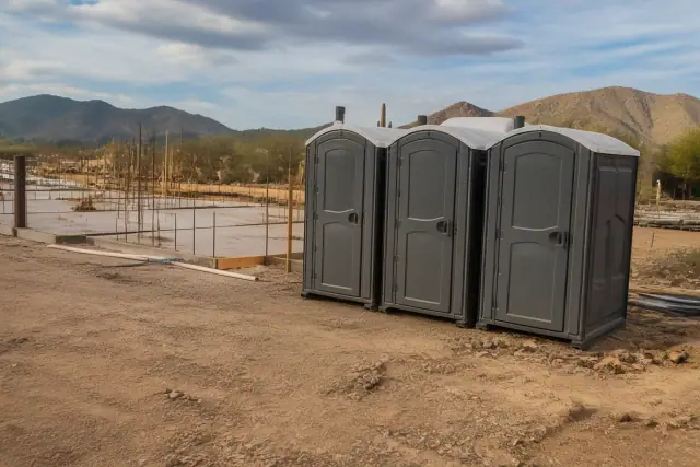 Portable toilets on a construction site with desert foothills in the background in Phoenix, AZ.