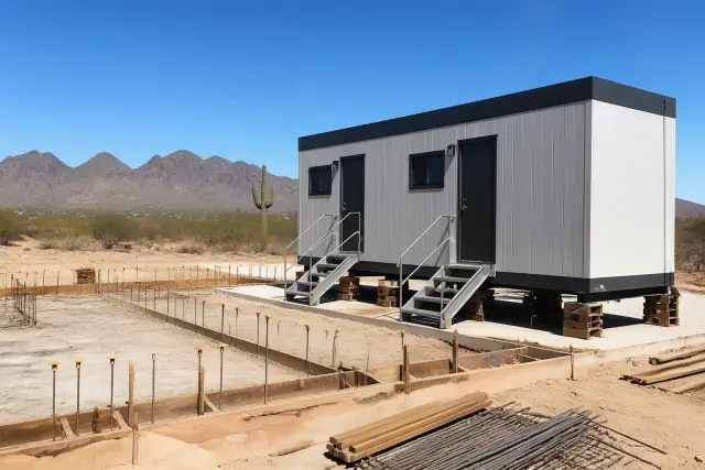 Portable unit on a concrete slab foundation at a construction site in Phoenix, AZ.