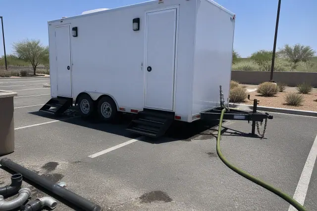 Luxury restroom trailer installed on an asphalt lot in Phoenix, AZ, showing external hose and waste valve connections.