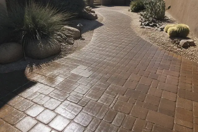 High-gloss acrylic sealer applied to a stone paver walkway in a desert xeriscape garden in Phoenix, AZ.