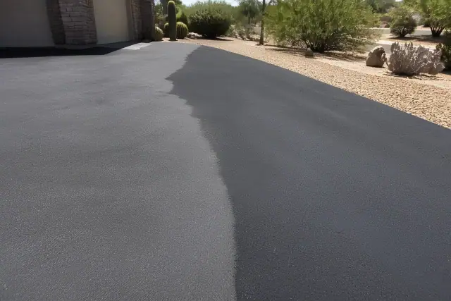 Restored black asphalt driveway with desert landscaping in Phoenix, AZ.