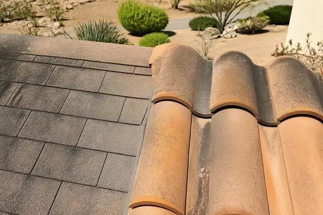 Comparison of asphalt shingles and clay tiles on a roof in Phoenix, AZ, showing algae streaks and cleaned surfaces.