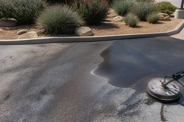 Cleaning grease stains from asphalt pavement in Phoenix, AZ with desert landscaping in the background.
