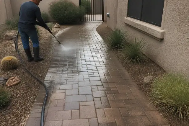 Wet brick paver path being cleaned near a stucco house in Phoenix, AZ.