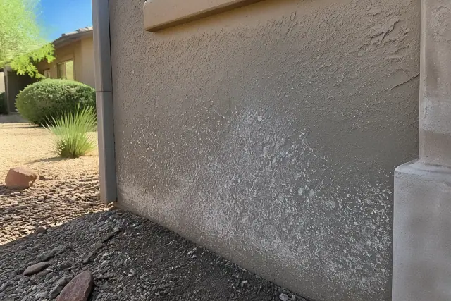 Close-up of chalky dust and mineral sprinkler spots on a stucco wall in Phoenix, AZ, with desert landscaping.
