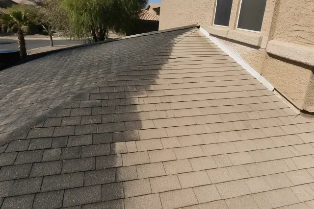 Chalky stucco and black algae streaks on a residential roof in Phoenix, AZ under bright sunlight.