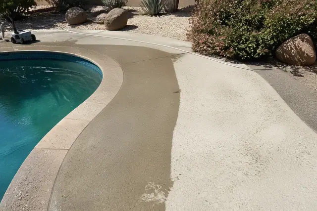Concrete pool deck in Phoenix, AZ showing the difference between stained porous concrete and a clean, non-slip surface.