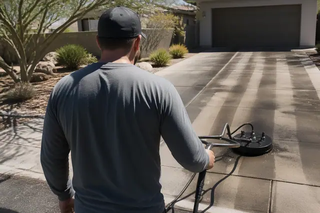 A professional pressure washing a residential concrete driveway in Phoenix, AZ.