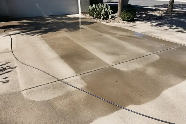 Clean stripes on a residential concrete driveway after pressure washing in Phoenix, AZ, with a hose on the ground.