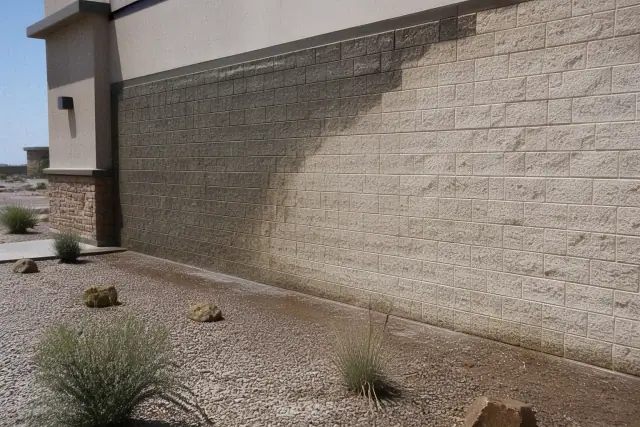 A commercial building facade in Phoenix, AZ, showing the difference between dirty and freshly pressure-washed brick.