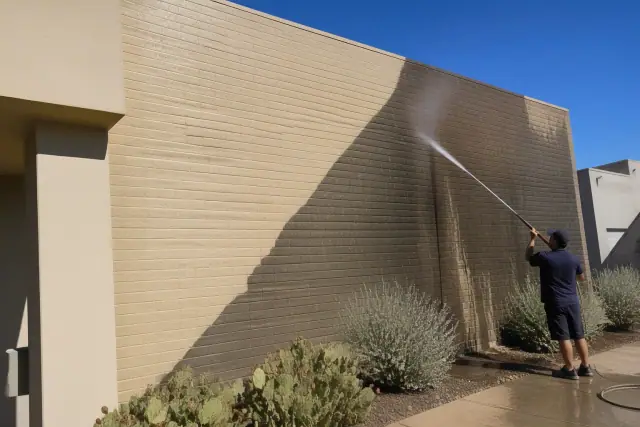 Commercial pressure washing on a brick building wall in Mesa, AZ, showing the difference between dirty and clean masonry.