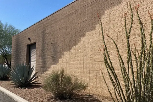 A technician pressure washing a brick wall at an industrial building in Tempe, AZ with desert landscaping nearby.