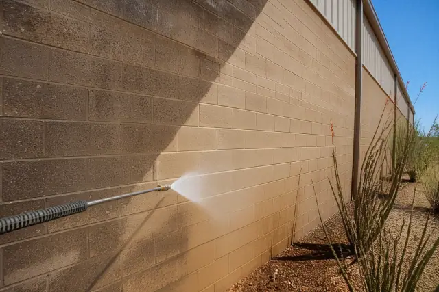 Pressure washing an industrial brick wall in Scottsdale, AZ, showing the contrast between dirty and cleaned masonry.