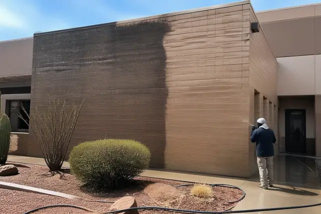 Industrial building wall showing a diagonal line between dirty and pressure-washed brick in Glendale, AZ.