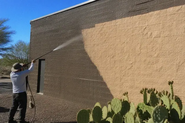 Pressure washing a dirty brick building facade with a water spray in Goodyear, AZ.