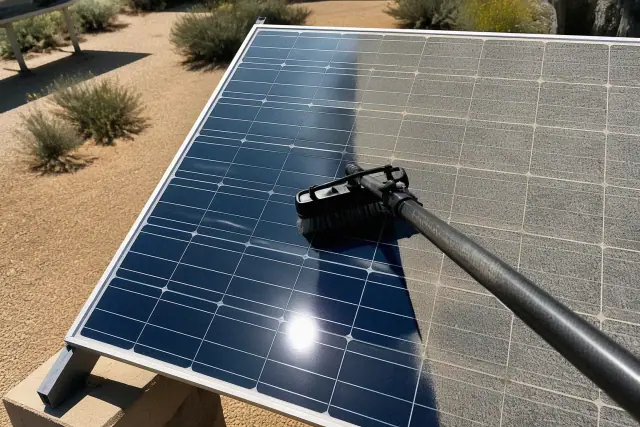 A soft-bristle brush cleaning dust off solar panels on a commercial roof in Phoenix, AZ.