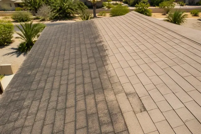 A close-up view of an asphalt shingle roof in Phoenix, AZ, showing the contrast between cleaned sections and algae streaks.