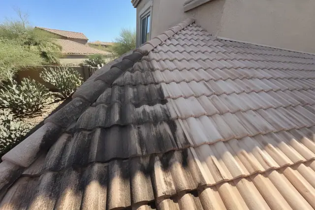 Concrete and clay tile roof showing the contrast between dark algae streaks and cleaned tiles in Phoenix, AZ.