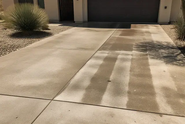 Clean stripes on a residential concrete driveway in Phoenix, AZ, showing the contrast from power washing.