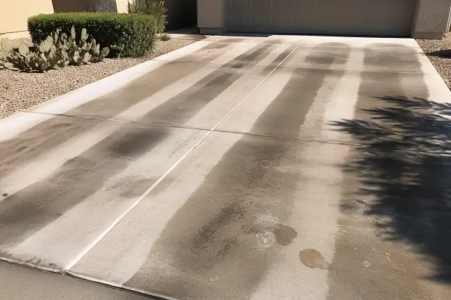 Concrete driveway in Phoenix, AZ showing clean stripes from surface cleaning over oil and mineral stains.