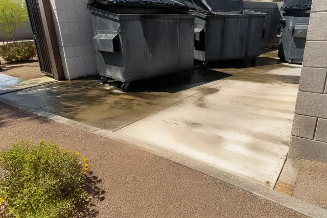 Concrete dumpster pad being cleaned of grease and grime in Phoenix, AZ, with desert landscaping in the background.