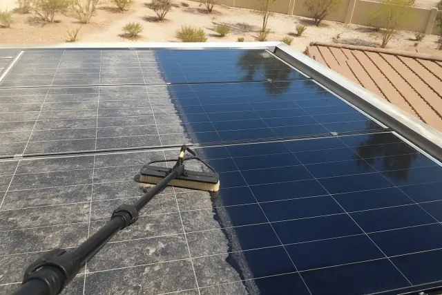 Deionized water rinsing dust off solar panels at a residential site in Phoenix, AZ.