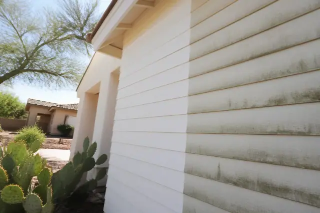 Residential siding in Phoenix, AZ showing a contrast between dirty panels and a cleaned, sanitized surface.