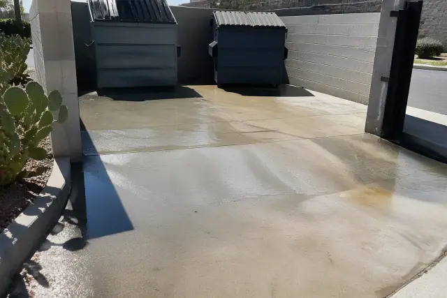 Cleaned concrete dumpster pad with grease removal and desert landscaping in Phoenix, AZ.
