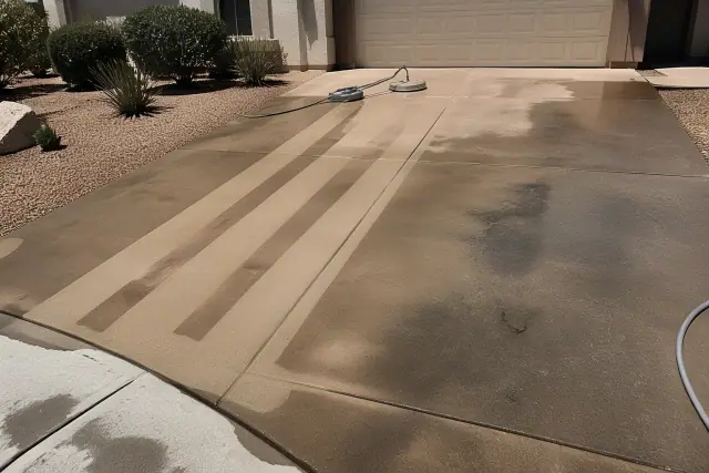Concrete driveway being pressure washed with visible clean stripes in a residential xeriscaped yard in Phoenix, AZ.