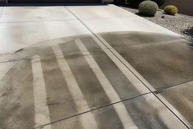 A pressure washer cleaning oil stains on a residential concrete driveway in Goodyear, AZ.