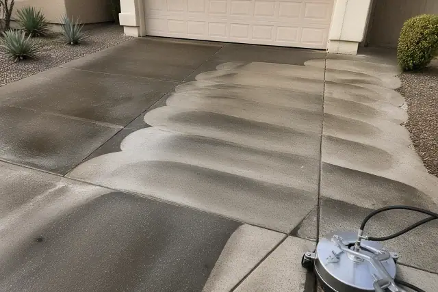 Pressure washed driveway with clean stripes and desert landscaping at a home in Gilbert, AZ.