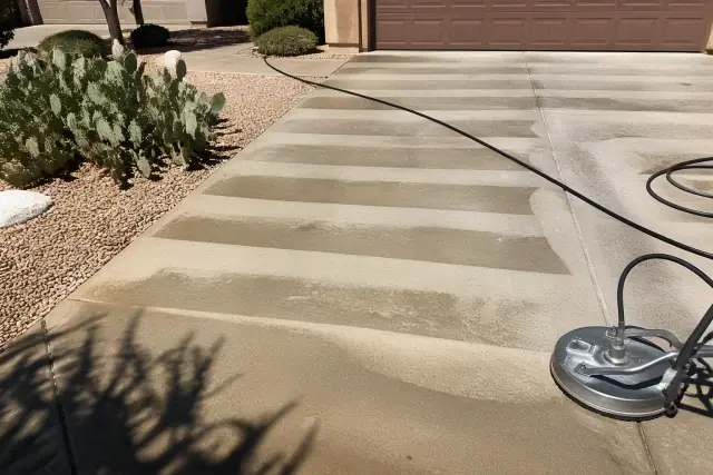 Concrete driveway in Mesa, AZ, showing clean stripes from pressure washing with desert landscaping and gravel nearby.