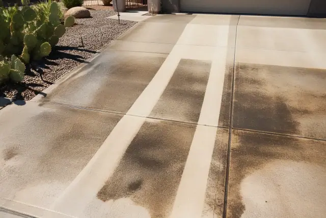 Cleaned concrete driveway stripes with contrast between stains and brightness in Phoenix, AZ.