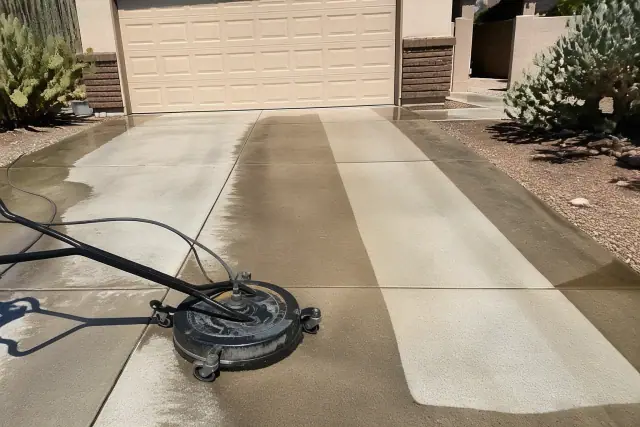 Concrete driveway being cleaned in Glendale, AZ with visible lines on the surface, desert landscaping, and stucco house.