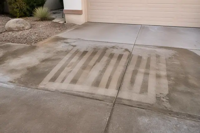 Concrete driveway showing clean stripes from pressure washing in front of a house in Chandler, AZ.