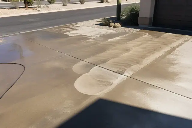 Pressure washer cleaning oil stains on a residential concrete driveway in Buckeye, AZ.