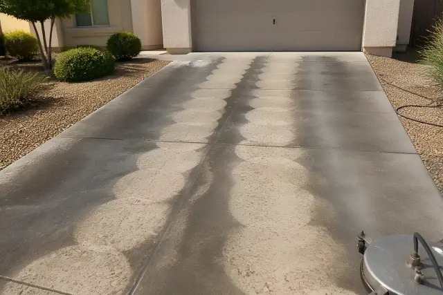 Pressure washing a residential concrete driveway with visible clean stripes on oil stains in Peoria, AZ.
