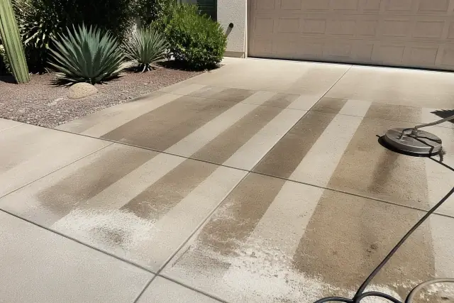 Concrete driveway in Tempe, AZ showing clean stripes from a surface cleaner next to desert xeriscaping.
