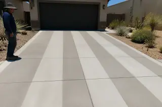 Technician conducting a final driveway cleaning inspection near desert landscaping in Phoenix, AZ.