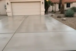 Cleaned concrete driveway with surface cleaner stripes, agave plants, and a stucco house in Phoenix, AZ.