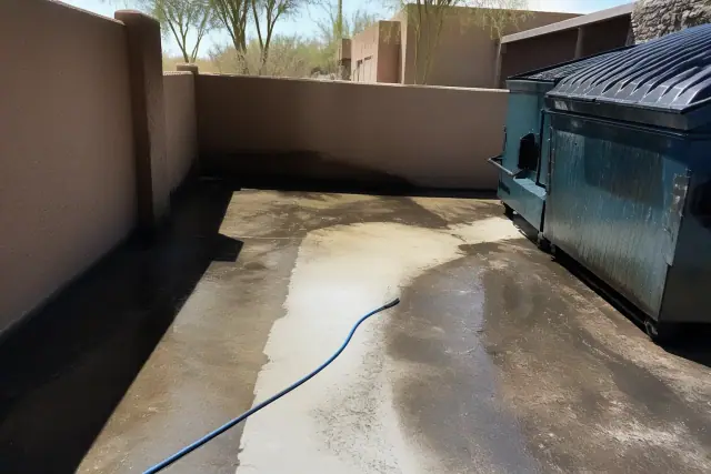 A cleaned concrete dumpster pad at a commercial site in Phoenix, AZ with desert landscaping in the background.