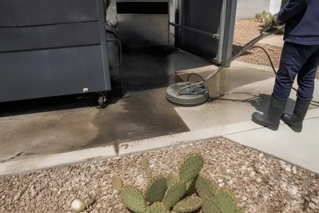 Technician cleaning grease and grime from a concrete dumpster pad in Phoenix, AZ with desert landscaping nearby.