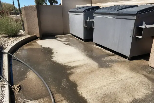 Pressure washing dark grease and grime from a concrete dumpster pad at a business in Surprise, AZ.